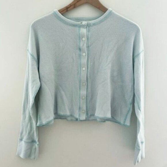 organic cotton waffle weave jersey knit long sleeve button up cropped cardigan - Picture 1 of 4